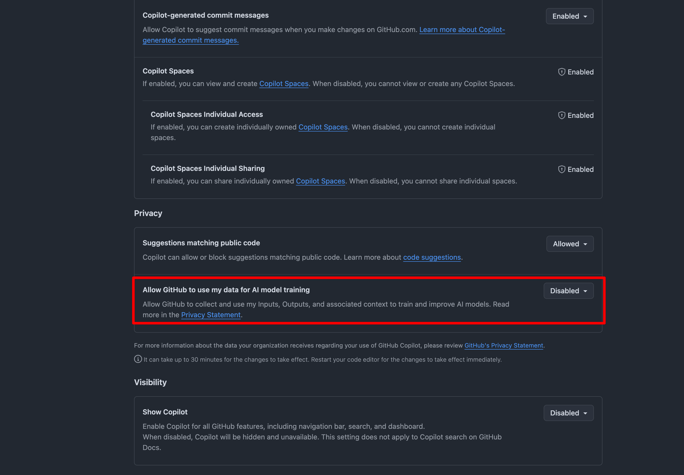 点击放大图片 禁用 GitHub Copilot 交互数据进行 AI 模型训练